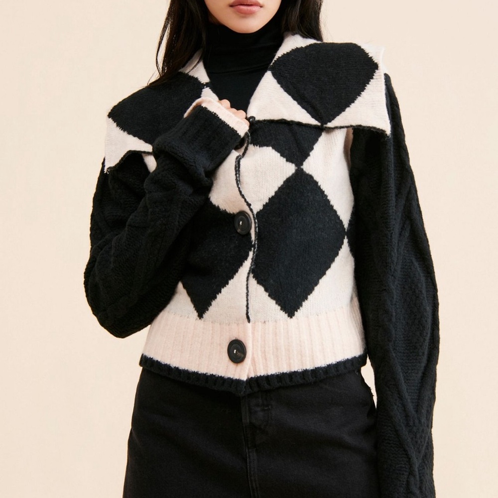 Free People Joy Diamond Polo Argyle Knit Cardigan